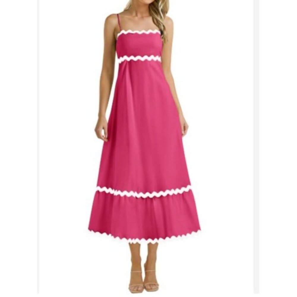Kirundo Empire‎ Waist Midi Dress Medium Pink White Wavy Trim New WOT